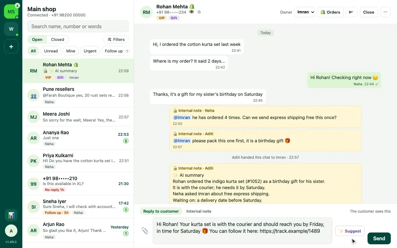 An AI summary arriving as a note, then a suggested reply in the reply box