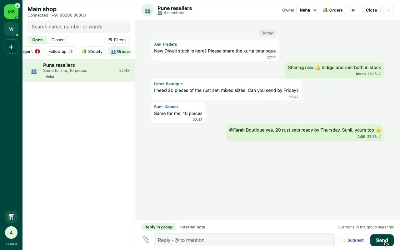 A followed WhatsApp group with named members and a reply mentioning one