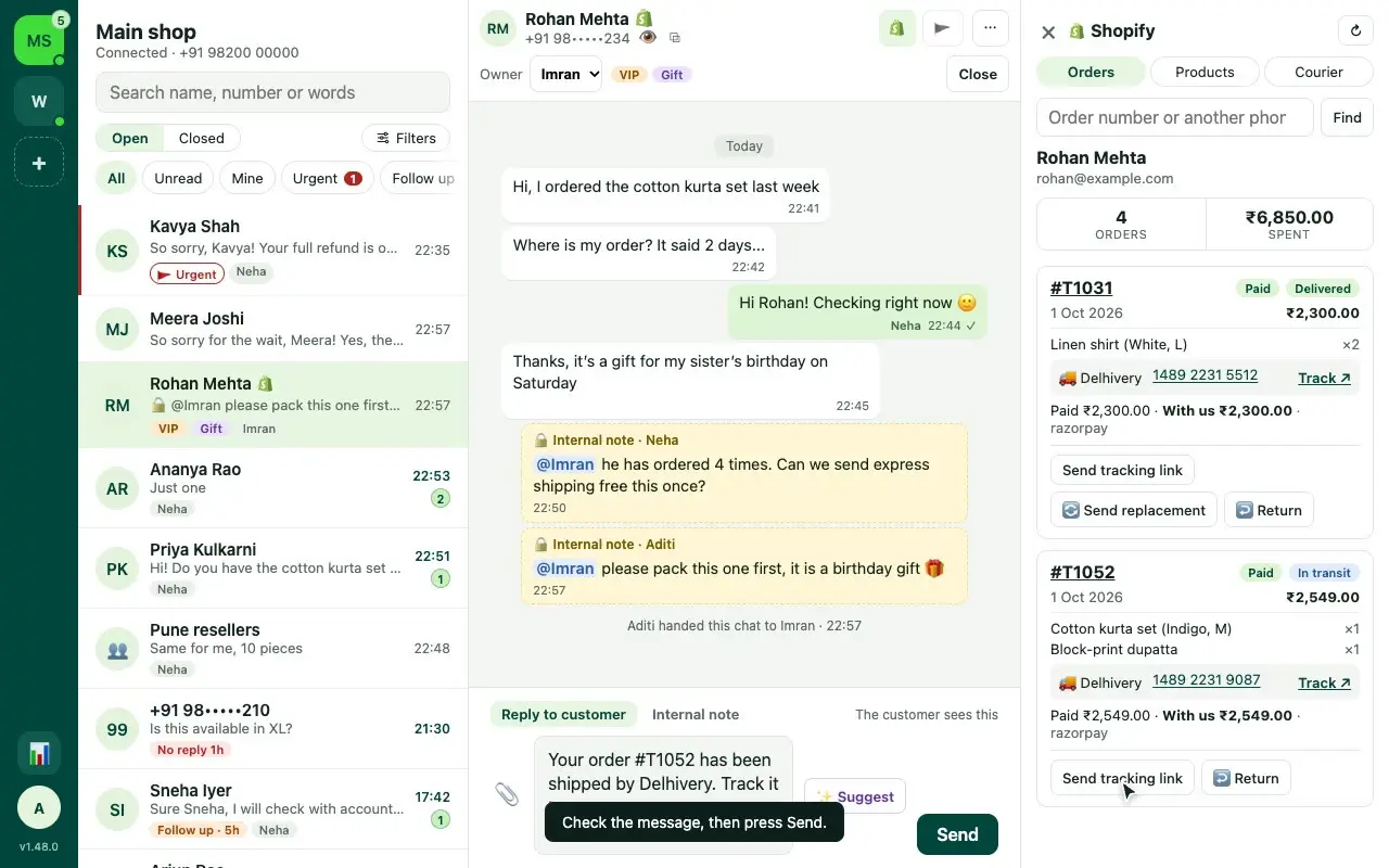 The Shopify orders panel next to a chat