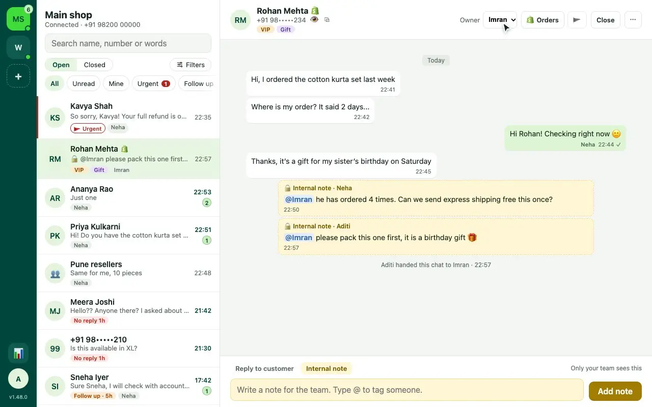 The team inbox: a note tagging a colleague and handing the chat over