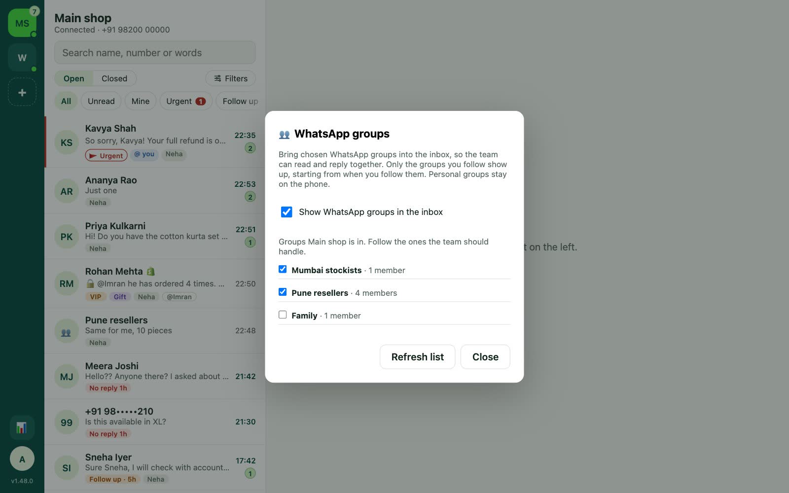 The WhatsApp groups settings: a switch to show groups, and a list of groups to follow with two ticked