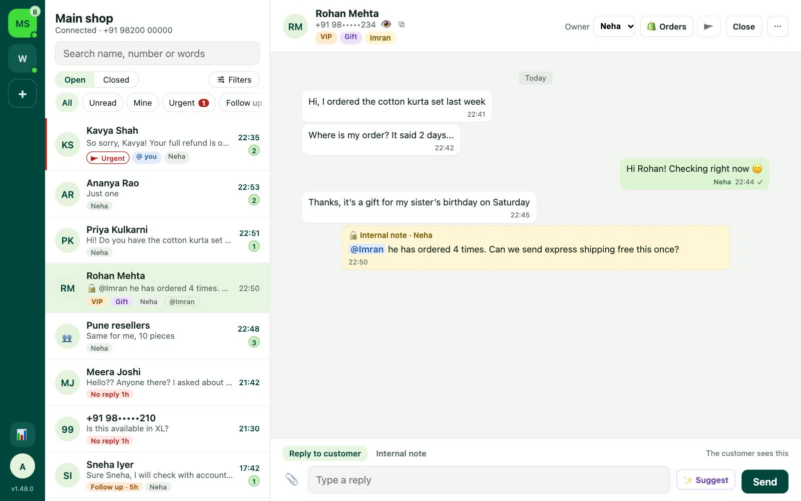 The oneCommerce inbox: an urgent chat at the top of the list, owners and labels on each chat, and an open chat with an internal note tagging a colleague
