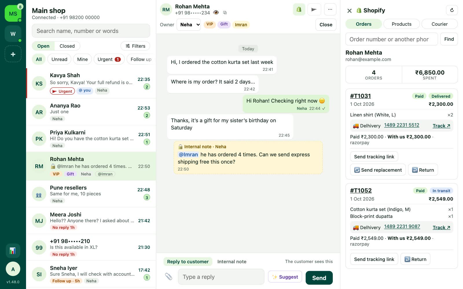 The Shopify panel beside a chat: the customer’s orders with payment, delivery status and tracking